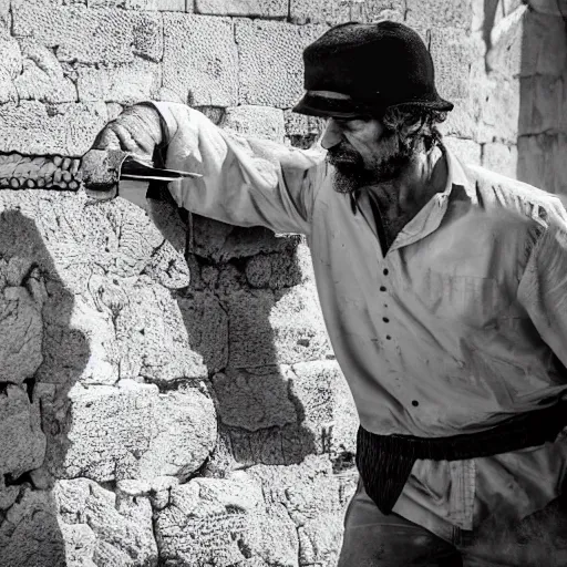 Prompt: award winning cinematic still of 40 year old Mediterannean skinned man building a wall in Jerusalem, holding a sword and a chisel, dramatic lighting, strong shadows, directed by Steven Spielberg