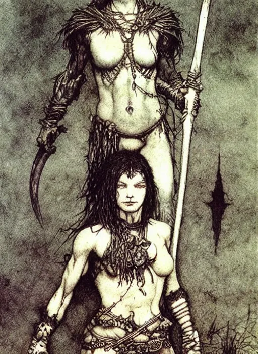 Image similar to short haired barbarian girl by Beksinski and Arthur Rackham