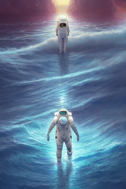 Image similar to Spaceman lost in the ocean, space themed, highly detailed, digital painting, artstation, concept art, smooth, sharp focus, illustration, art by artgerm and greg rutkowski and alphonse mucha, beeple