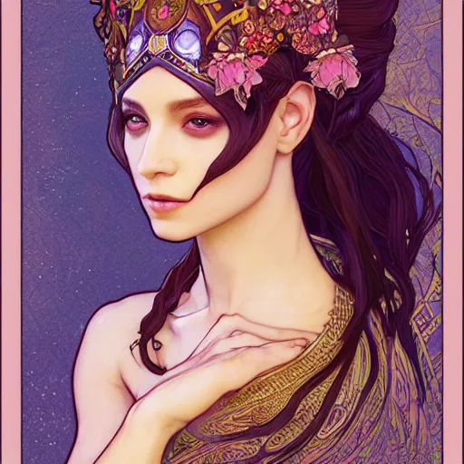 Prompt: face portrait of an egyptian beautiful mysterious fairy with flowery tall headgear, without hands, by eve ventrue, artgerm, thomas kinkade, hayao miyazaki. art nouveau. tarot card by mucha. gloomhaven. swirly intricate linework background. gaudy colors, sharp edges. octane render
