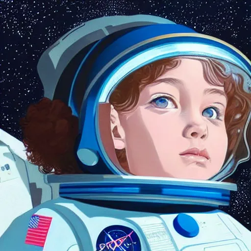 Prompt: a painting of a little girl with short wavy curly light brown hair and blue eyes, floating in space. she is an astronaut, wearing a space suit. beautiful detailed face line art by ilya kuvshinov and