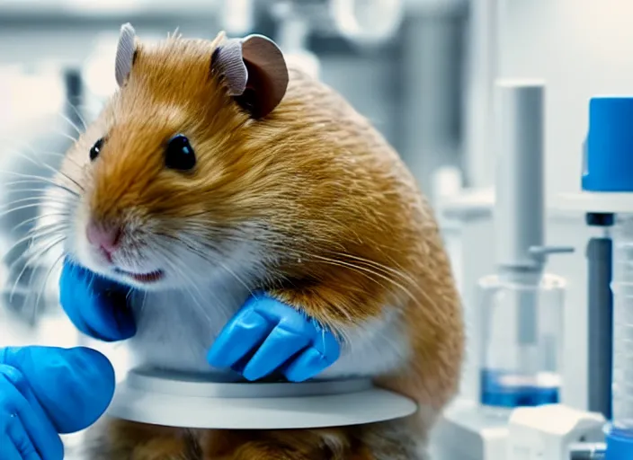 Image similar to film still of a hamster wearing goggles working in a research lab using a tiny microscope, 8 k