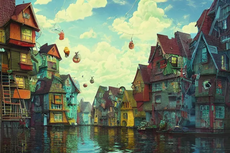 Image similar to surreal city, floating houses in the sky, summer morning, very coherent and colorful high contrast, art by!!!! gediminas pranckevicius!!!!, geof darrow, dark shadows, hard lighting