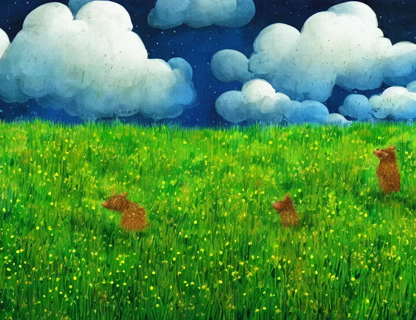 Prompt: wild, lush chia pet hopping in the meadow, stormy skies. russian fairytale art, gouache, dynamic composition, backlighting