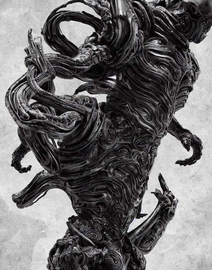 Image similar to engineer prometheus, xenomorph alien, highly detailed, symmetrical long head, smooth marble surfaces, detailed ink illustration, raiden metal gear, cinematic smooth stone, deep aesthetic, concept art, post process, 4k, carved marble texture and silk cloth, latex skin, highly ornate intricate details, prometheus, evil, moody lighting, hr geiger, hayao miyazaki, indsutrial Steampunk