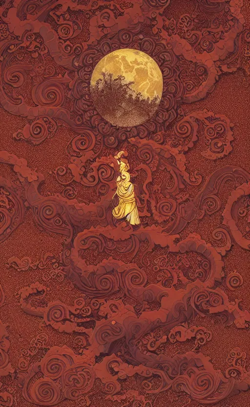 Prompt: masterpiece dark red paper with intricate designs, tarot card, a mandelbulb fractal southeast asian diety statue, full of golden layers, flowers, clouds, vines, mushrooms, swirls, curls, wave by Hokusai and Mike Mignola, trending on artstation, elaborate illustration, beautiful hands close to a candle in dark room, cinematic, powerful, moon beams dramatic light, highly, intricate elements, detailed, digital painting, artstation, concept art, sharp focus, illustration, art by artgerm