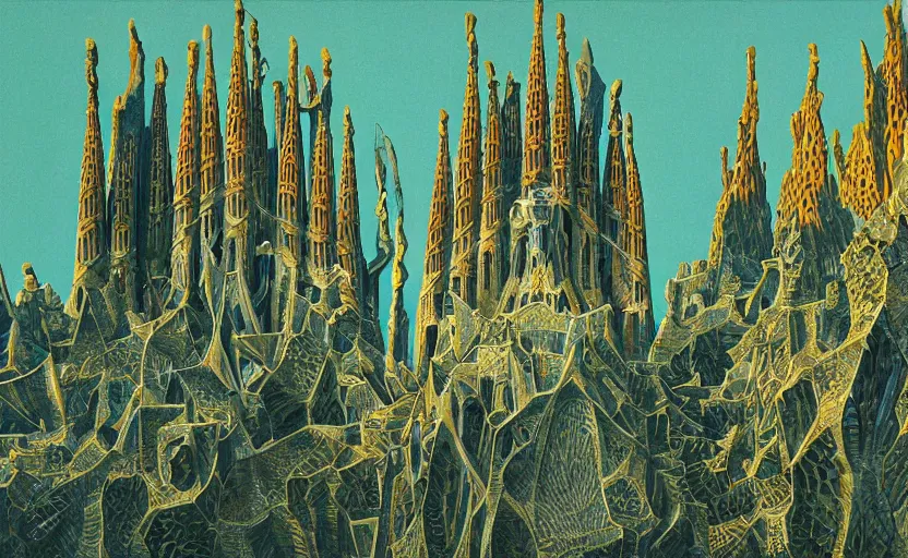 Prompt: a glass render cityscape design by m. c. escher, gaudi sagrada familia, and bisti badlands, emerald gold, beksinski