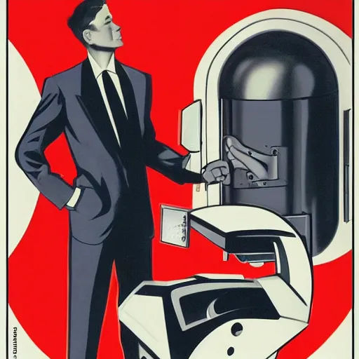 Image similar to man in futurist 6 0 ´ s lab, machines and futurist robots, red lights, leyendecker style, black suit