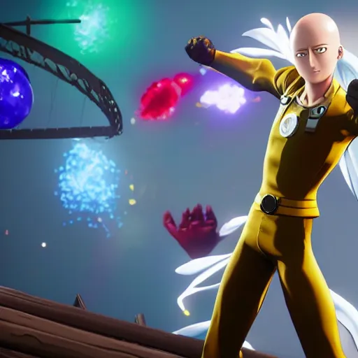 Image similar to one punch man in fortnite, character render, full body shot, highly detailed, in game render