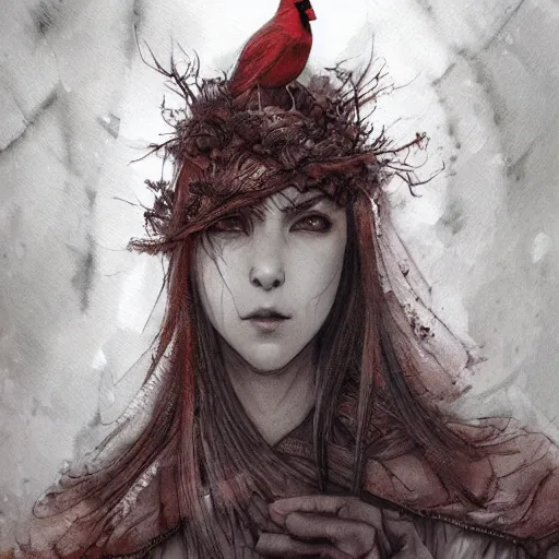 Prompt: portrait, anthropomorphic cardinal girl, druid, watercolor, dramatic lighting, cinematic, establishing shot, extremely high detail, foto realistic, cinematic lighting, pen and ink, intricate line drawings, by Yoshitaka Amano, Ruan Jia, Kentaro Miura, Artgerm, post processed, concept art, artstation, matte painting, style by eddie mendoza, raphael lacoste, alex ross,