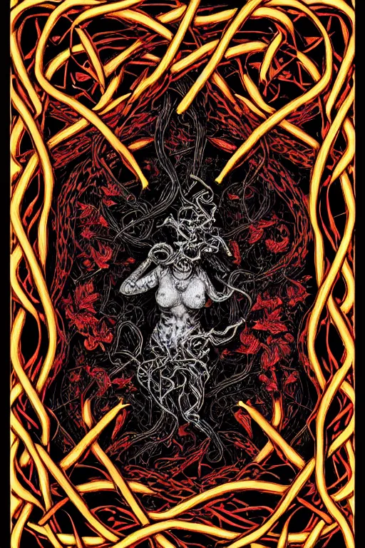 Prompt: photograph of the devil wrapped in vines + black paper + elements + red + gold + neon + baroque + rococo + white + orange+ ink + tarot card with ornate border frame + marc Simonetti, paul pope, peter mohrbacher, detailed, intricate ink illustration, global illumination, 8k resolution, satanic, dripping colors, occult symbols hidden, RPG portrait, dynamic lighting