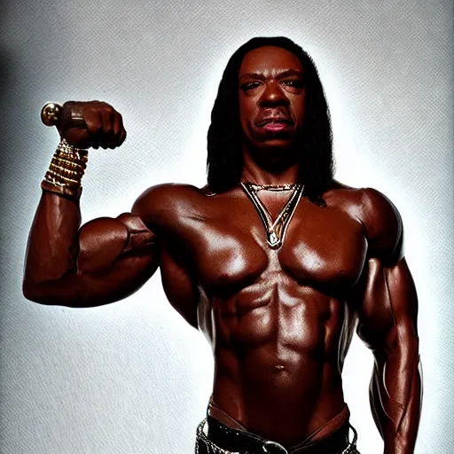 Image similar to Rick james with the physique of a body builder, realistic, detailed, cinematic, dynamic lighting, photorealistic, refined, intricate, digital art, background a gym, masterpiece, 8k