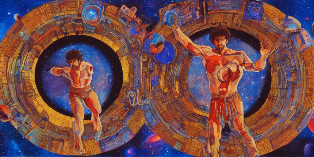 Prompt: an abstract space station background, a multiracial greek god dancing, clear eyes. 2 4 mm, photorealistic, muted color scheme, directed by mati klarwein