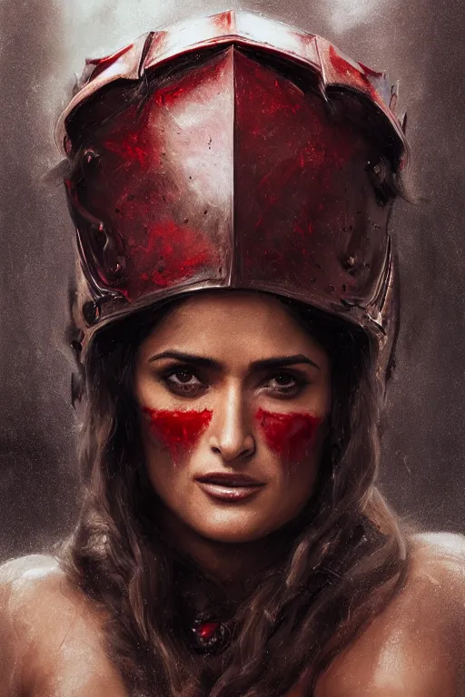 Image similar to portrait, Salma Hayek , barbarian , dressed in red leather armor, face portrait, raphael lacoste, eddie mendoza, alex ross, concept art, matte painting, highly detailed, rule of thirds, dynamic lighting, cinematic, detailed, denoised, centred