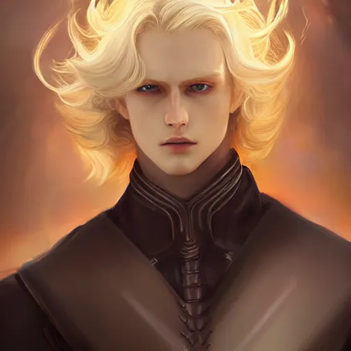 Image similar to digital art of a pale menacing male Cyborg Angel of Battle with fluffy blond curls of hair and piercing eyes, johan liebert mixed with Dante, central composition, he commands the fiery power of resonance and wrath, very very long blond curly hair with bangs, baroque curls, by rossdraws and WLOP, Artstation, CGsociety