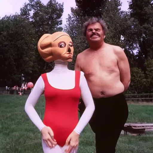 Prompt: 1981 woman on tv show wearing a squishy inflatable prosthetic mask long stick nose, soft color wearing a leotard at the park 1981 color film 16mm holding a an inflatable animal Fellini John Waters Russ Meyer Doris Wishman old photo