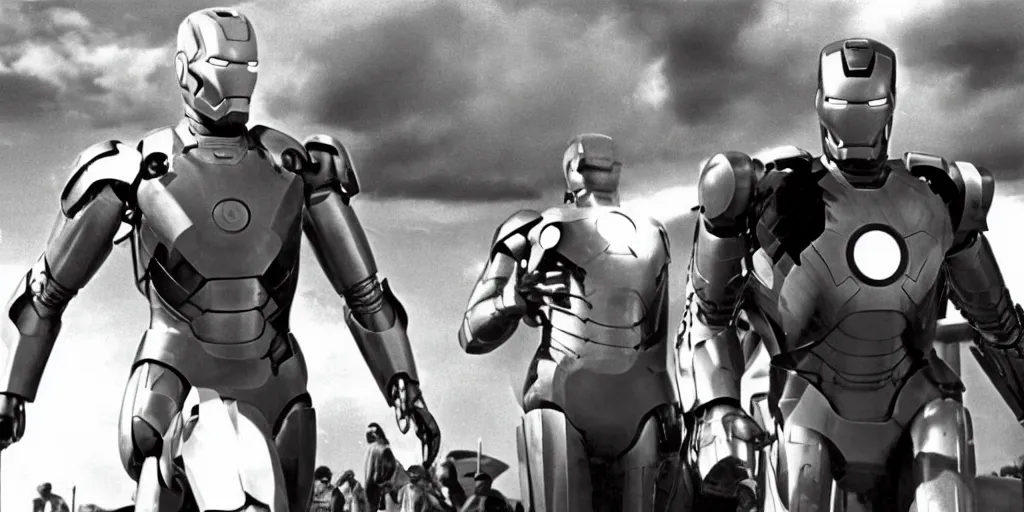 Image similar to Still from the movie Iron Man (1963) with David Niven as Iron Man and John Wayne as Captain America