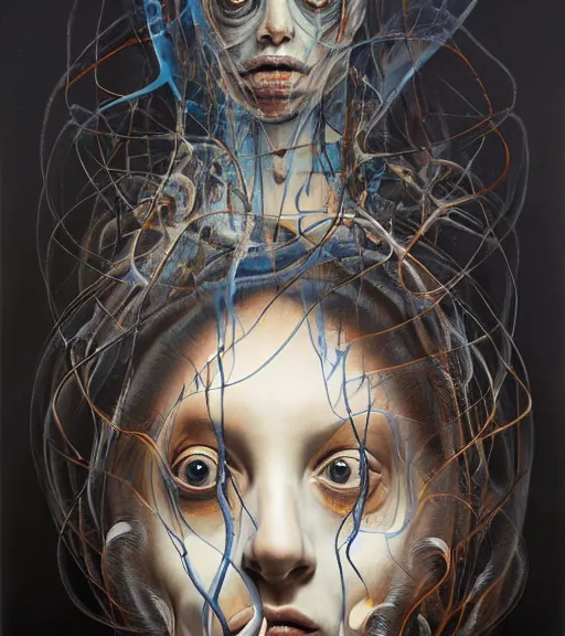 Image similar to strange surrealist, looming, biomorphic portrait of a woman with large eyes painted by dali, marco mazzoni, james jean, charlie immer and jenny saville, fluid acrylic, airbrush art, timeless disturbing masterpiece