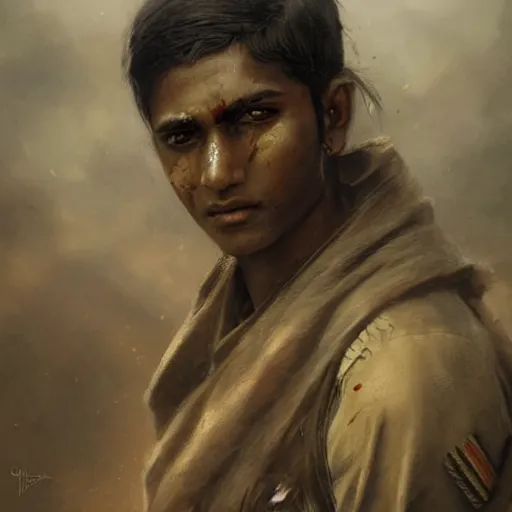 Prompt: a young wounded indian warrior, close up, portrait, sinister atmospheric lighting. highly detailed painting by greg rutkowski, anime style