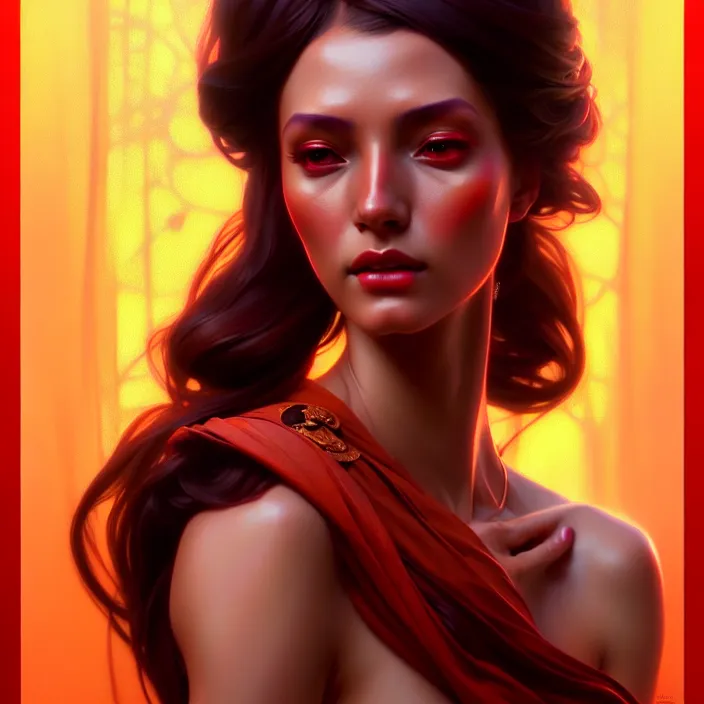 Image similar to beautiful digital painting of a goddes stylish female with high detail, real life skin, red colors, 8 k, stunning detail, works by artgerm, greg rutkowski and alphonse mucha, unreal engine 5, 4 k uhd