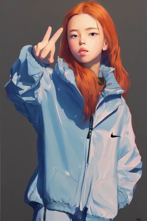 Image similar to A ultradetailed beautiful panting of a stylish girl doing the peace sign, she is wearing an oversized Nike jacket, Oil painting, by Ilya Kuvshinov, Greg Rutkowski and Makoto Shinkai