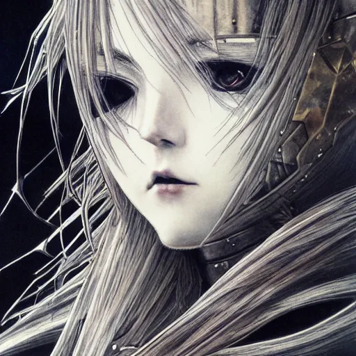 Image similar to Yoshitaka Amano realistic illustration of an anime girl with wavy white hair and cracks on her face wearing Elden ring armour with the cape fluttering in the wind, abstract black and white patterns on the background, noisy film grain effect, highly detailed, Renaissance oil painting, weird portrait angle
