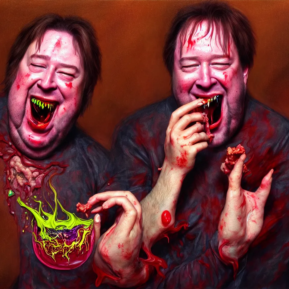 Image similar to happy and funny psychedelic bill hicks eating rotten flesh, laughing and puking blood, diffuse lighting, fantasy, intricate, elegant, highly detailed, lifelike, photorealistic, digital painting, artstation, illustration, concept art, smooth, sharp focus, art by francis bacon