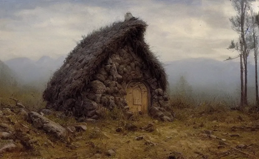 Image similar to Hagrid's hut made of stone, in landscape, early evening, mist, matte painting, dark forest on background, oil painting by Isaac Levitan and Vasily Perov