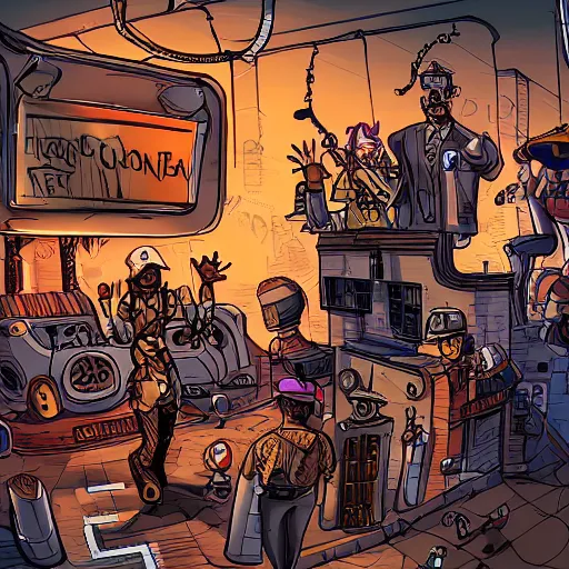 Prompt: Party in the ghetto, cybersteampunk, cartooncore