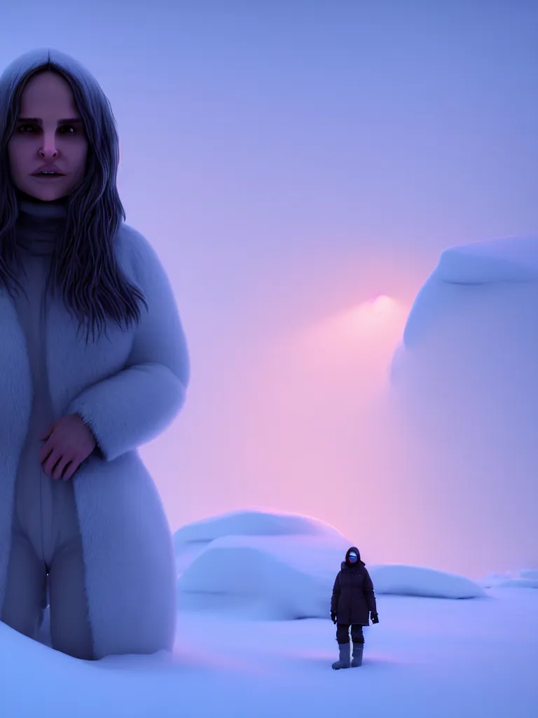 Image similar to hyperrealistic rendering, fat smooth john carpenter flesh monster natalie portman, antarctica, winter, snow, artstation, volumetric lighting, octane render, sylvain sarrailh