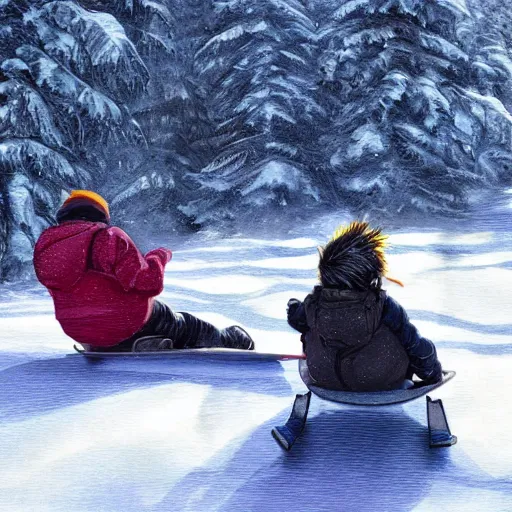 Image similar to Pogg and Yuurei sledding in Canada, 4k, sharp focus,ink art, greg rutkowski