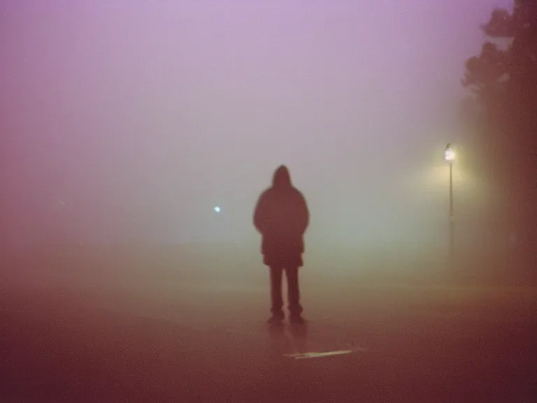 Image similar to fujifilm fujicolour 2 0 0 film photograph of a vagrant at night volumetric fog