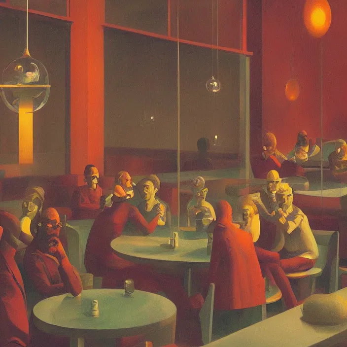 Prompt: spherical glass people at neo-andean restaurant Edward Hopper and James Gilleard, Zdzislaw Beksinski highly detailed