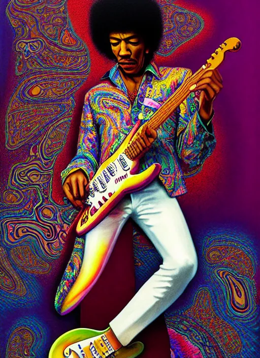 Image similar to hyper detailed 3d render like a Oil painting - Jimi Hendrix aerochrome and milky Fruit holding a white stratocaster guitar in his left hand, iridescent paisley patterns by Jacek Yerka, Ilya Kuvshinov, Mariusz Lewandowski, Houdini algorithmic generative render, Abstract brush strokes, Masterpiece, Edward Hopper and James Gilleard, Zdzislaw Beksinski, Mark Ryden, Wolfgang Lettl, hints of Yayoi Kasuma, octane render, 8k