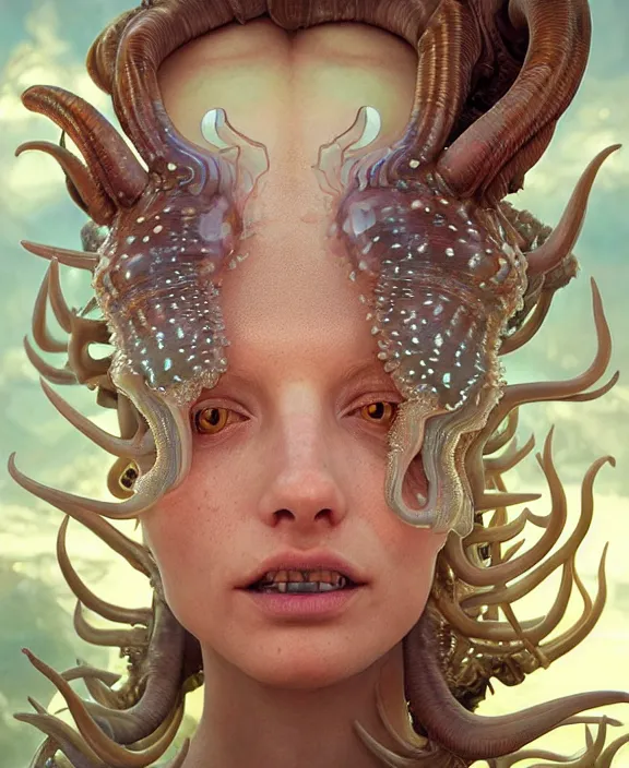 Prompt: intricate transparent portrait of a terrifying beautiful alien sea slug, horns, mottled coloring, adorable, childlike, anxiety environment, ultra realistic, concept art, art nouveau, photorealistic, octane render, 8 k, unreal engine. art by christopher marley and artgerm and greg rutkowski and alphonse mucha