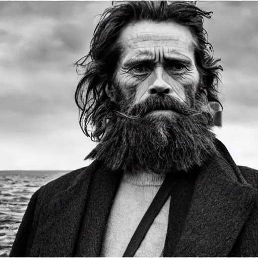 Image similar to Willem Dafoe with a beard in The Lighthouse (2019), high contrast, black and white cinematography