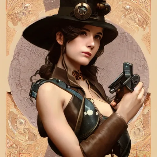 Prompt: Three quarters portrait of a beautiful steampunk female holding gun, highly detailed, digital painting, art by Stanley Lau and Artgerm and magali villeneuve and Alphonse Mucha, artstation, octane render, cgsociety