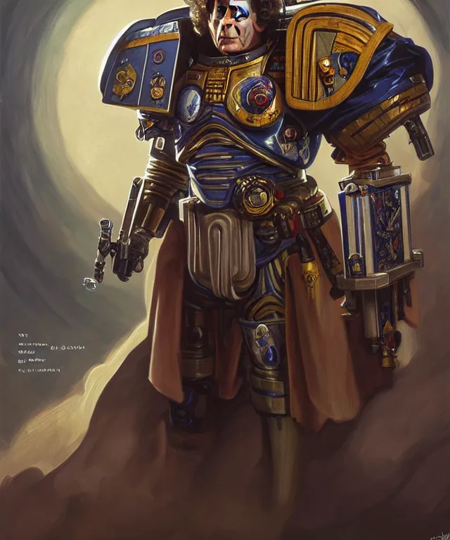 Prompt: Tom Baker Doctor Who as Warhammer 40k Space Marine, portrait, fantasy, intricate, elegant, highly detailed, digital painting, artstation, concept art, smooth, sharp focus, illustration, art by artgerm and greg rutkowski and alphonse mucha