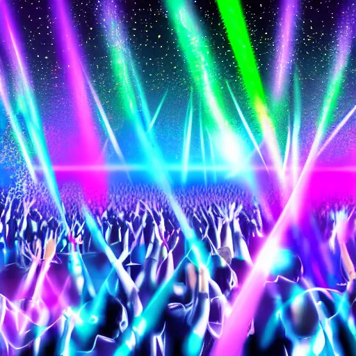 Image similar to rave party with colorful lasers and lighting and lots of people dancing in a crowd, digital art
