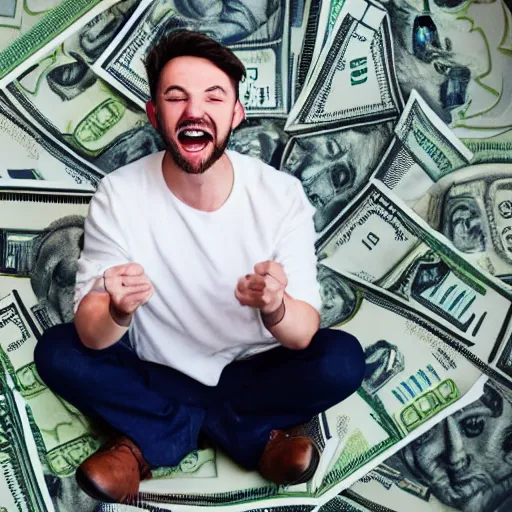 Prompt: a tiny adult man sitting, happy on a large pile of money,