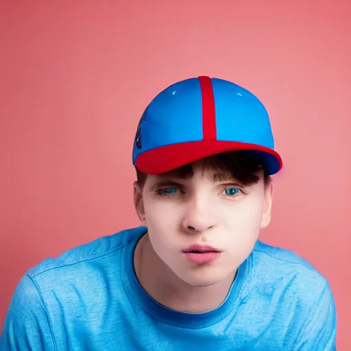 Image similar to a portrait of an american teenage boy with cyan colored hair, wearing a red backwards cap with a blue brim, white t - shirt with a red no symbol on it, blue long pants and red shoes, holding a microphone, studio lighting, photoshoot, grey backdrop