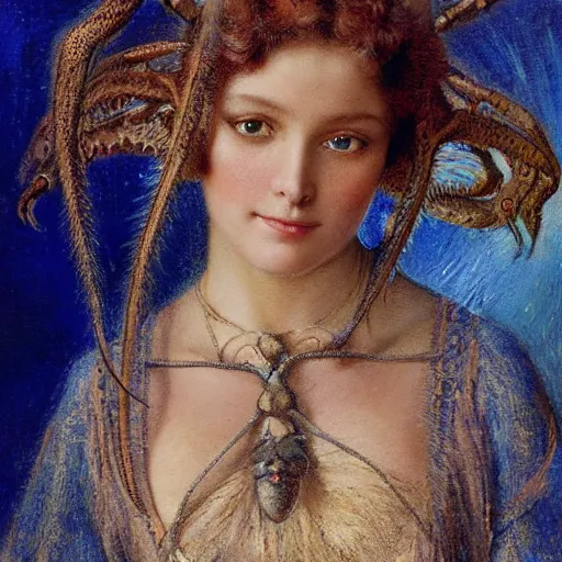 Image similar to highley detailed potrait of a spider, painting by gaston bussiere, craig mullins, j. c. leyendecker, lights, art by ernst haeckel, john william godward, hammershøi,