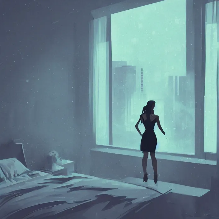 Prompt: dancing girl wearing a gown, short hair, bed room, cyberpunk city view out of the window, no lights in bedroom, bright neon lights from the city, elegant, highly detailed, artstation, soft lights, night, fog, sharp focus