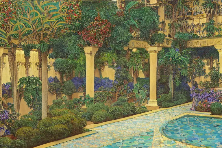 Image similar to painting of a beautiful moorish palace courtyard garden, by maxfield parrish and evelyn de morgan and waterhouse and dante rossetti, patterned tilework, palm trees, tiled fountains, extremely detailed, cinematic lighting, smooth sharp focus