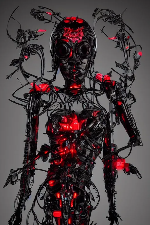 Prompt: full-body cyberpunk style sculpture of a young beautiful dark priestess, half android with a head opening exposing circuitry. glowing red eyes, black roses, flowing blood red colored silk, fabric, candles. baroque elements, human skull. full-length view. baroque element. intricate artwork by caravaggio. crows flying in background. Trending on artstation, octane render, cinematic lighting from the right, hyper realism, octane render, 8k, depth of field, 3D