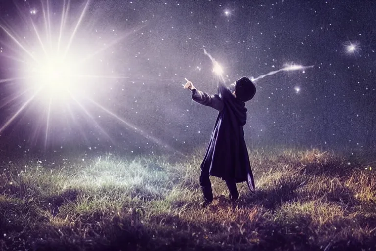 Prompt: a young wizard points their wand, a blast of bright magic flies from the end of the wand, on an empty moonlit moor, dramatic lighting, lens flare, cinematic photography