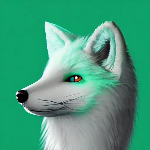 Prompt: digital white and minty green fox, retrowave palette, digital world, highly detailed, electric breeze, anatomically correct vulpine, synth feel, fluffy face, ear floof, flowing fur, super realism, accurate animal imagery, 4 k digital art