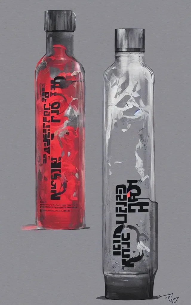 Prompt: the north face transparent bottle filled with with liquid, concept art, matte, sharp focus, illustration, art by aenaluck, artgerm