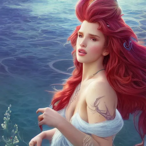 Image similar to ultra realistic illustration, bella thorne as the little mermaid anime, intricate, elegant, highly detailed, digital painting, artstation, concept art, smooth, sharp focus, illustration, art by artgerm and greg rutkowski and alphonse mucha and wlop