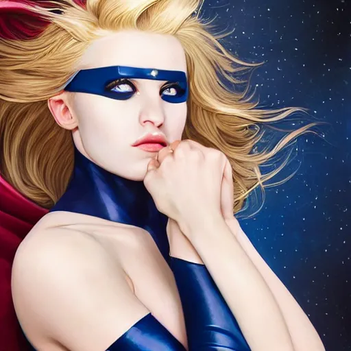 Image similar to a beautiful portrait of a beautiful cute superhero woman, blonde hair, matte navy - blue bodysuit with a white star and white cape, intricate, elegant, 8 k, hdr, vivid colors, highly detailed, digital painting, concept art, smooth, sharp focus, illustration, disney, by artgerm and loish and wlop and alphonse mucha